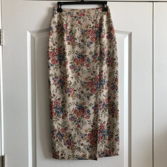 Heirlooms Dresses & Skirts - Linen Blend Floral Print Fake Wrap Lined Maxi Skirt Size 6